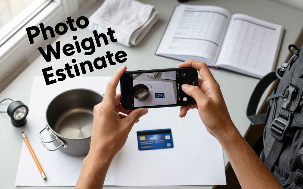Top-down photo of a backpacker photographing a titanium pot next to a credit card on a hostel desk to estimate gear weight from the image.