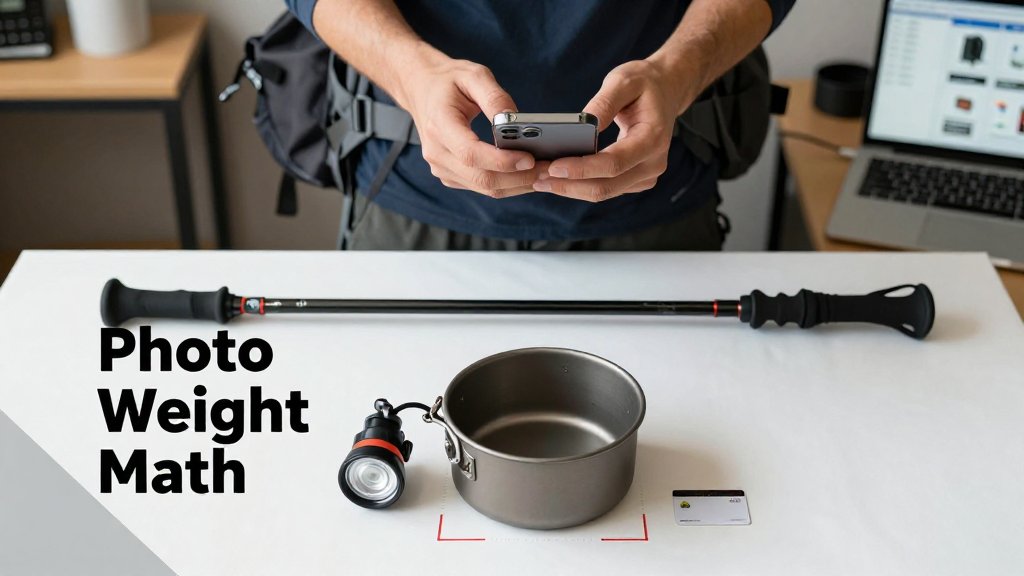 Top-down hostel desk scene with backpacking gear photographed next to a credit card reference for estimating weight from photos, with a bold text overlay.