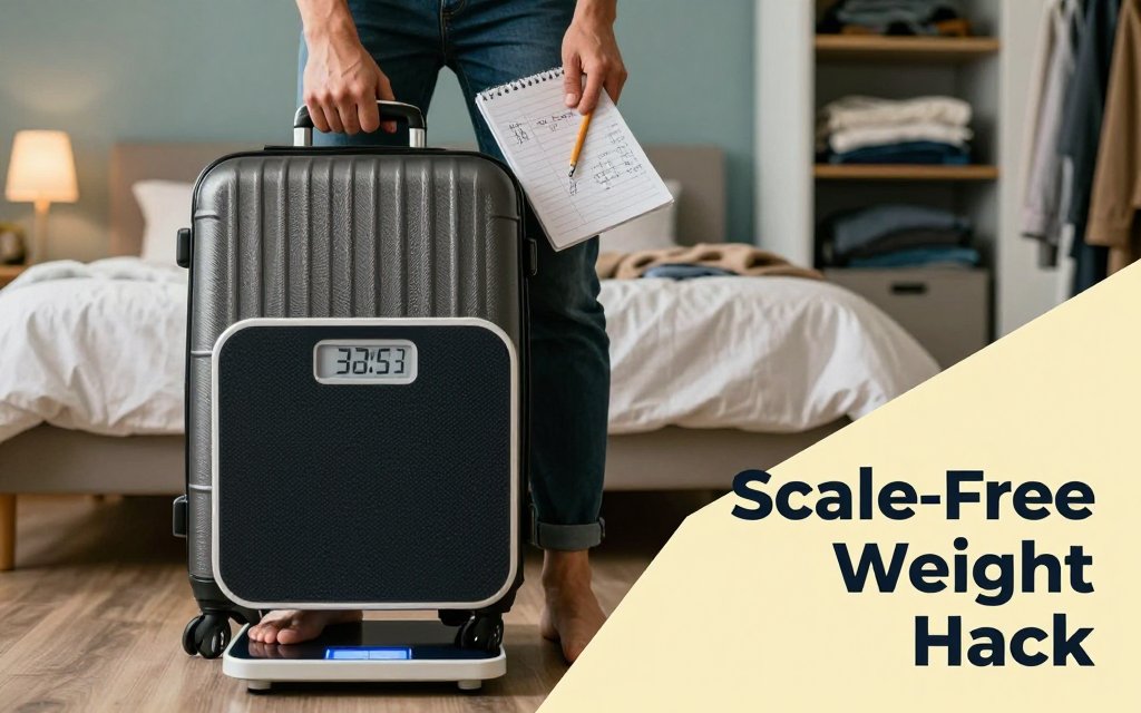 Traveler using a bathroom scale and simple math to estimate suitcase weight in a bedroom before a flight.
