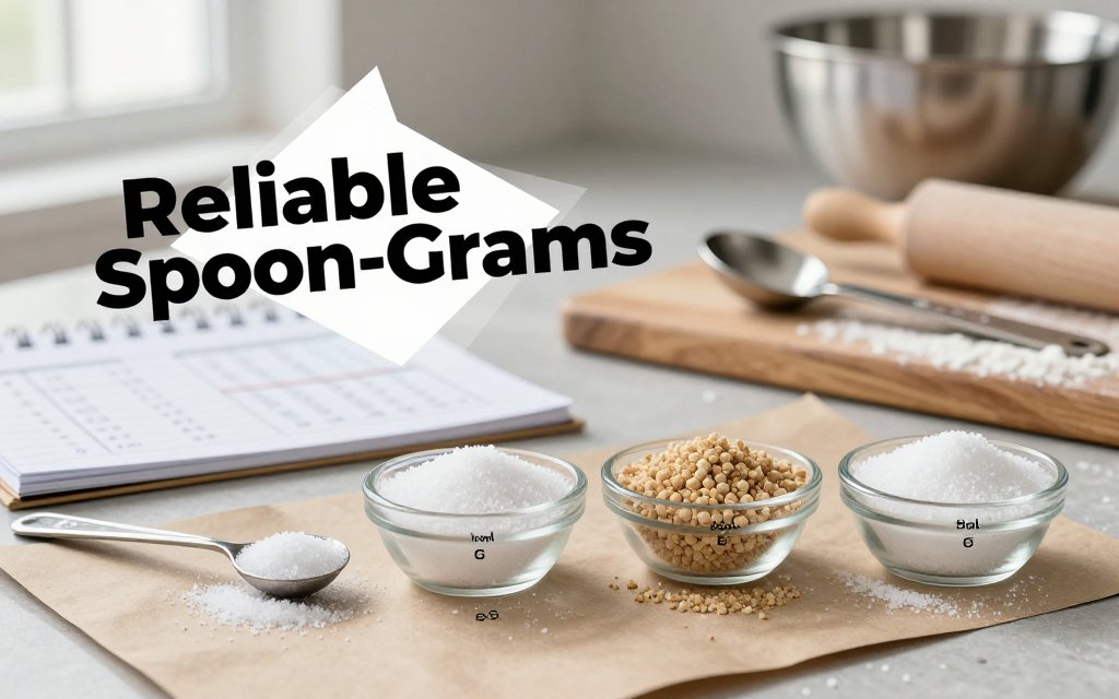 Kitchen tabletop scene showing teaspoons and small bowls of different salts and yeasts with gram notes, illustrating teaspoon-to-grams conversions.