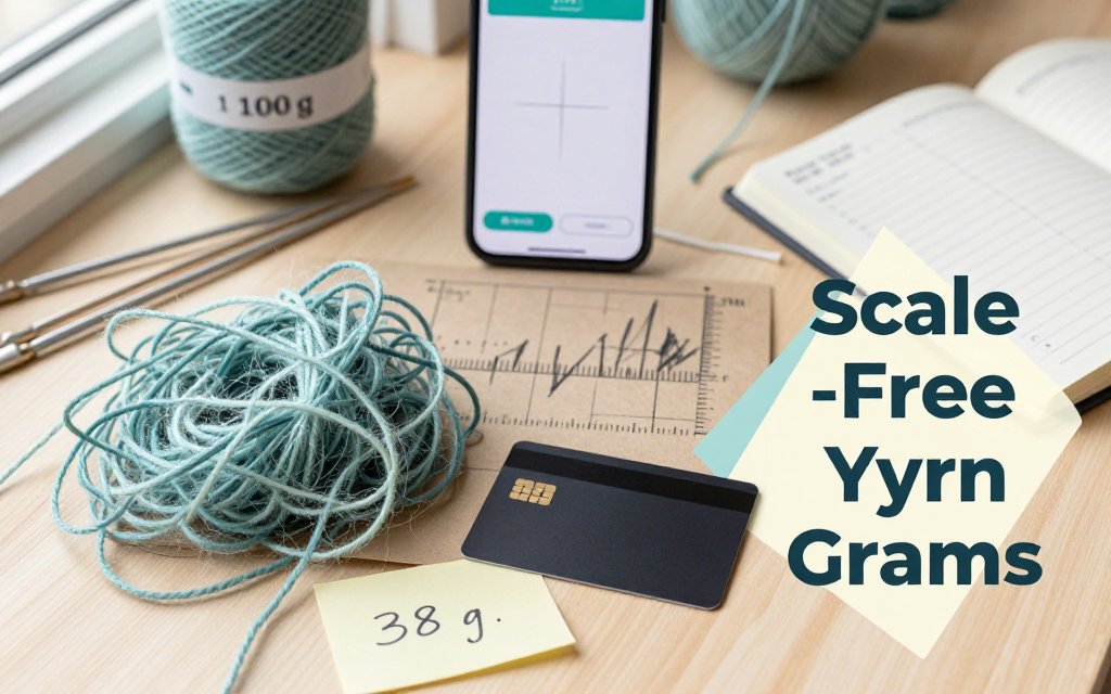 Overhead flat lay of leftover yarn next to a credit card reference and a smartphone showing a photo-based grams estimation app, with knitting notes and yarn label nearby.