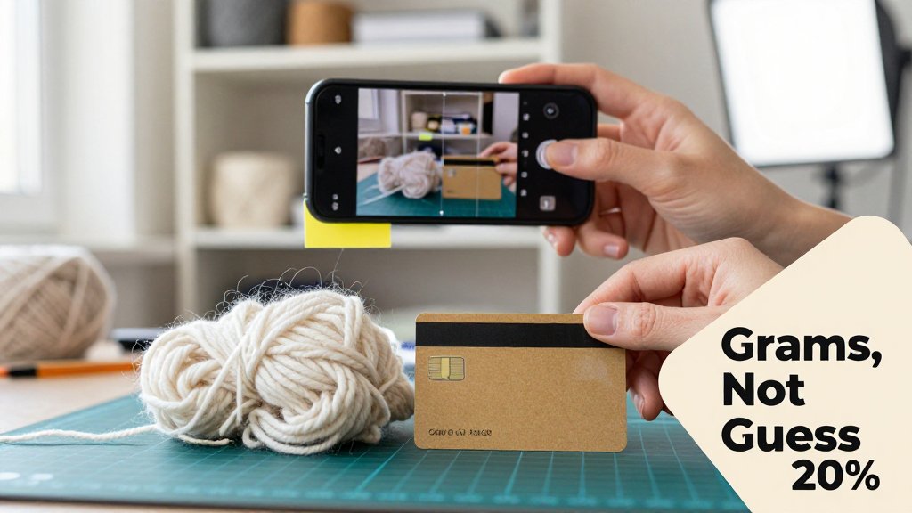 Hands arranging leftover yarn next to a credit card while a phone photographs it for a grams estimate in a craft room.