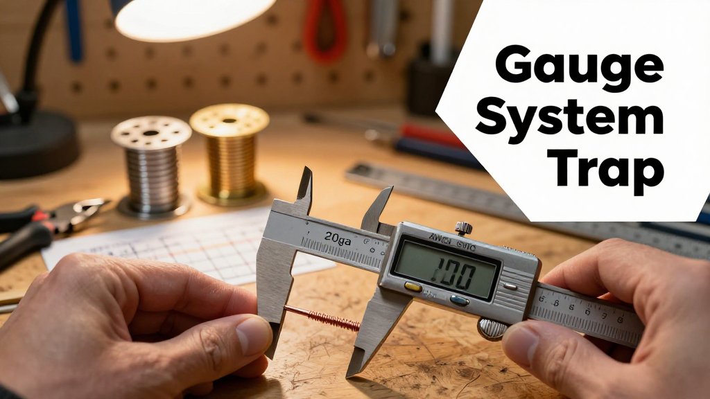 Hands in a jewelry workshop measure two 20 gauge wires labeled AWG and SWG with calipers, showing different coil tightness on a mandrel.