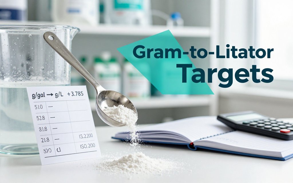 Hydroponic nutrient mixing scene showing grams per gallon to grams per liter targets and a 3.785 conversion note.