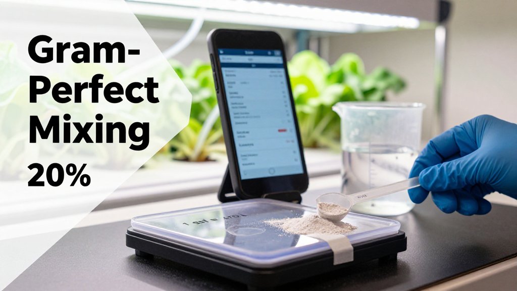 Hydroponic nutrient mixing setup showing grams-to-liters conversion note, nutrient powder, smartphone calculator, and grow tent in background.