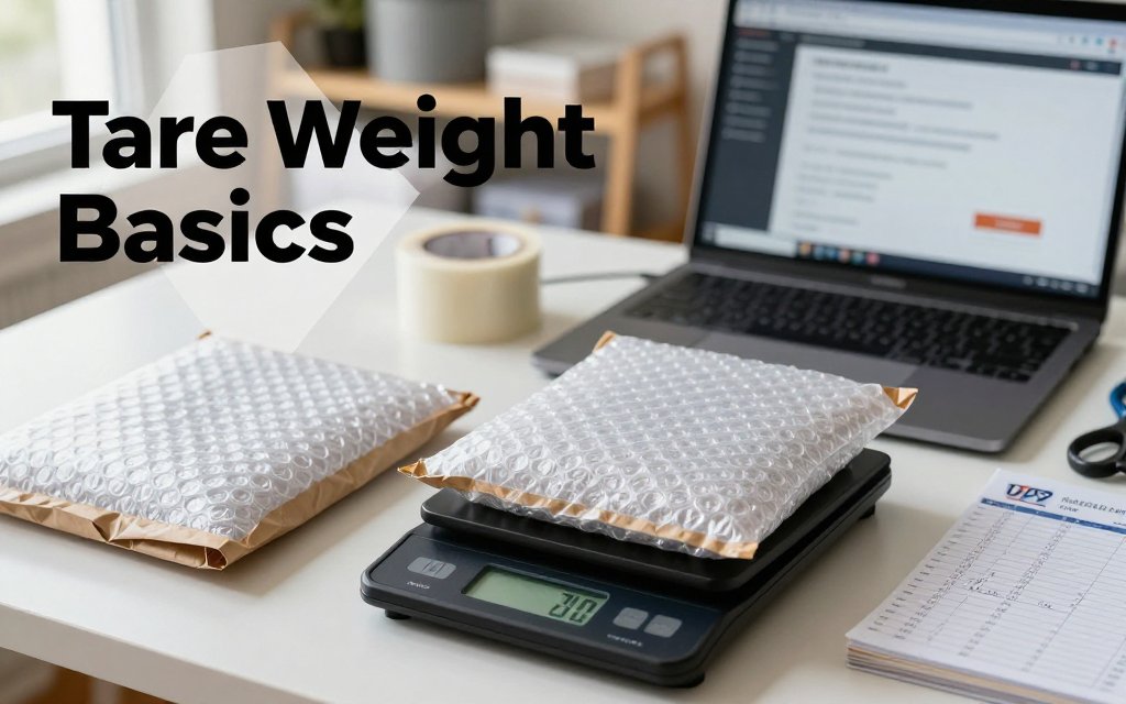 Home office scene with a digital scale weighing an empty bubble mailer next to a poly mailer, showing tare weight planning for postage.
