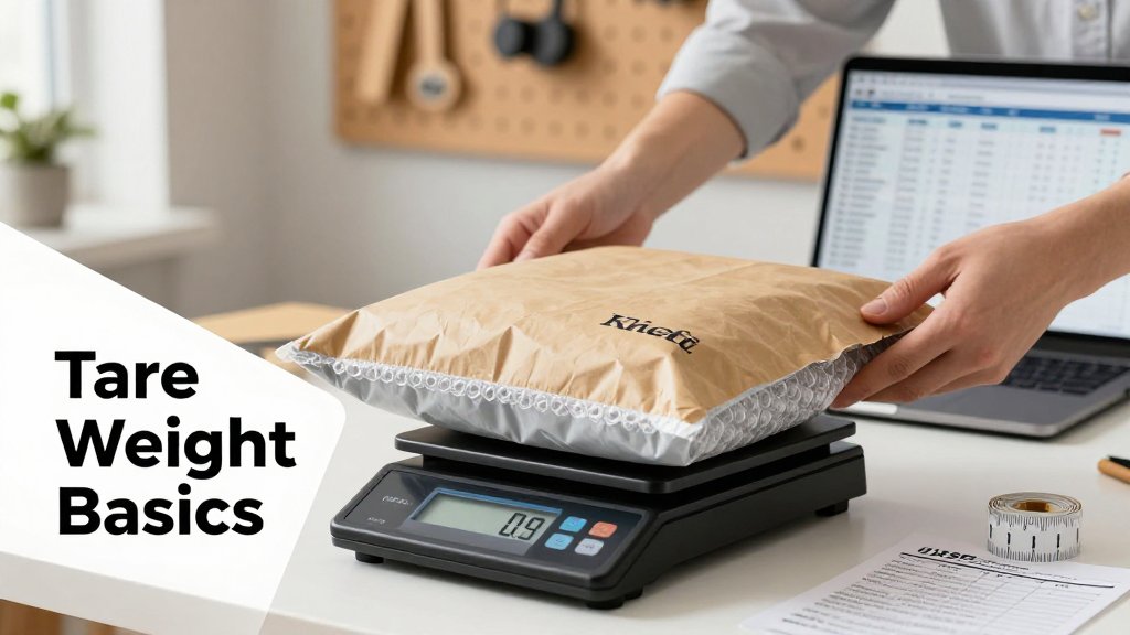 Home office shipping setup showing empty bubble and poly mailers on a digital scale with a laptop weight chart and overlay text about tare weight.