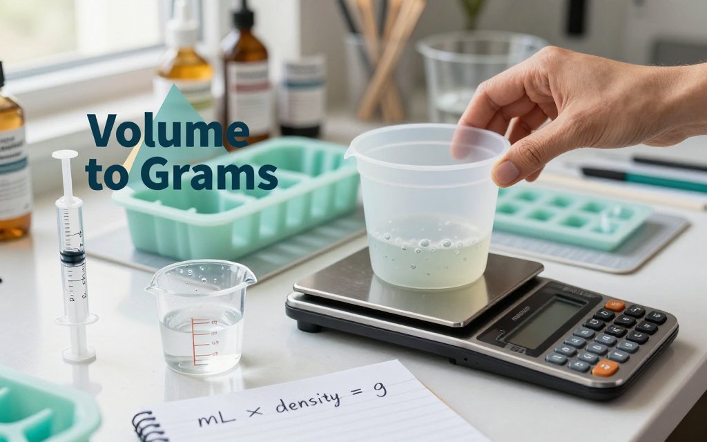 Hands measuring silicone mold volume with a syringe and converting milliliters to resin grams using a scale and formula notes on a craft workbench.