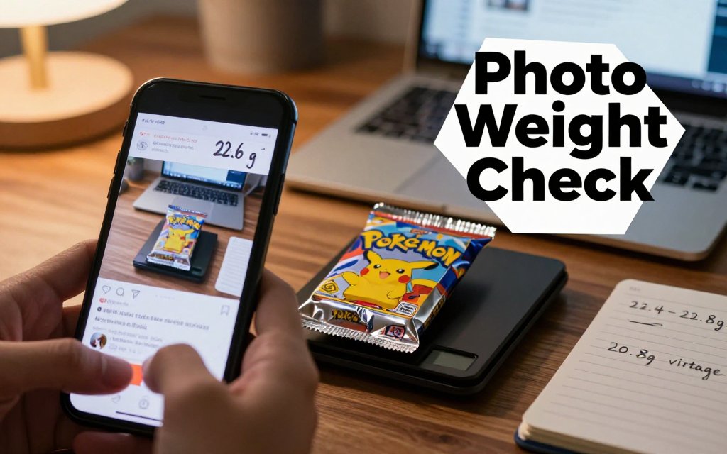 Hands holding a smartphone over a Pokémon booster pack on a desk with a digital scale and notes about typical pack weights, with overlay text.