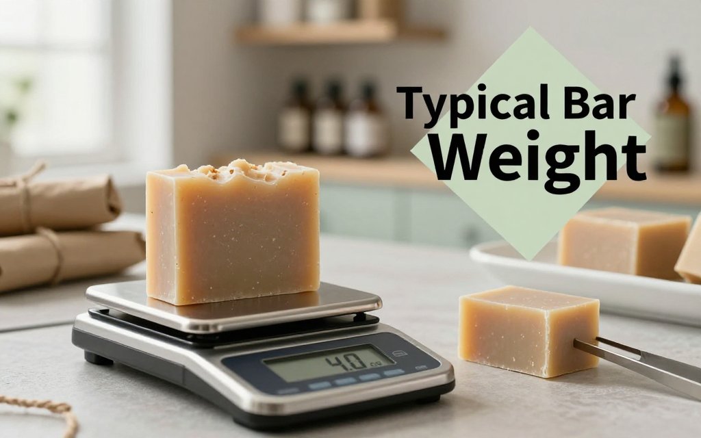 Cured handmade soap bar on a digital scale reading 4.0 oz in a bright craft-room setting, illustrating typical soap bar weight after curing.