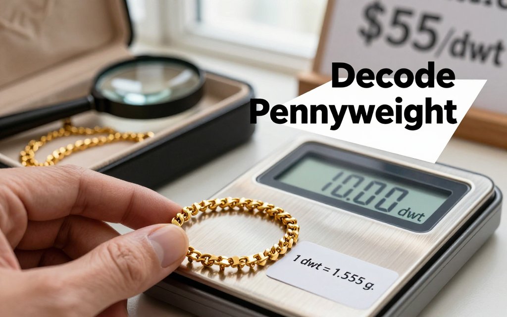 Hands hold a gold bracelet next to a scale showing weight in pennyweights with a conversion note, illustrating what a pennyweight means.