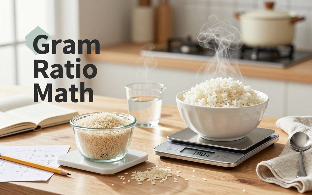 Kitchen meal-prep scene with dry rice and cooked rice on digital scales showing gram weights and a ratio concept.
