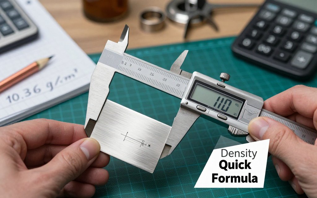 Hands in a jewelry workshop measuring a sterling silver sheet with calipers, with calculator and notes about density and a quick weight formula.