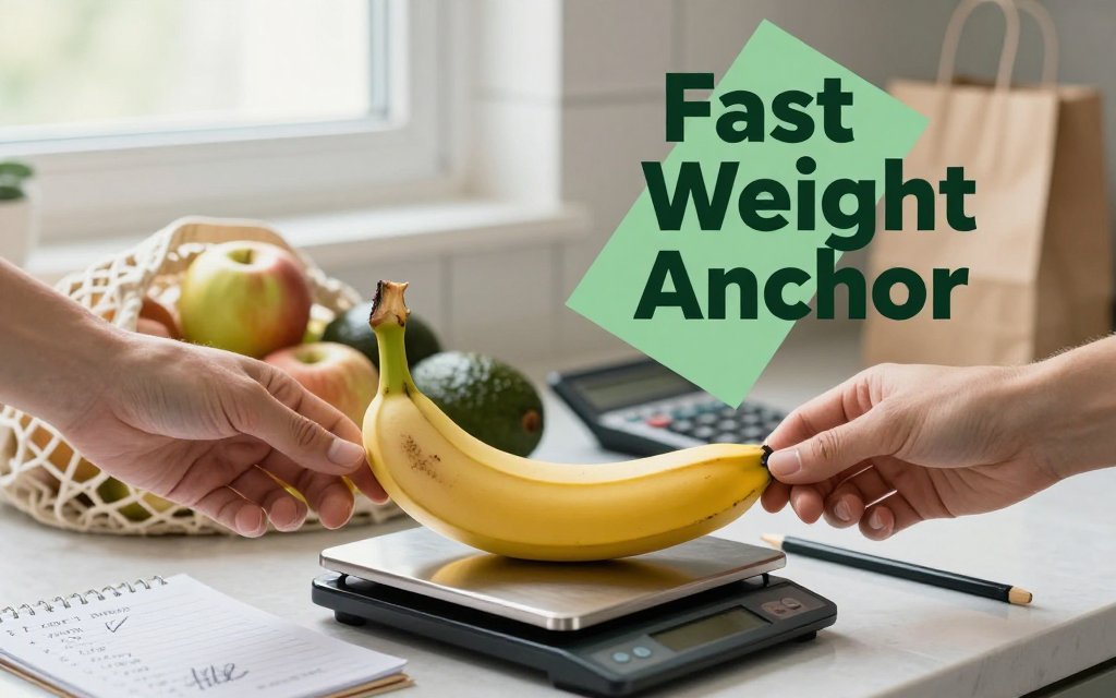 Hands use a banana as a reference weight on a kitchen scale with produce, notes, and a phone calculator nearby.