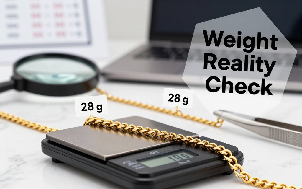 Macro photo of two gold chains on a digital scale showing different weights to compare hollow vs solid construction, with loupe and laptop blurred in background.