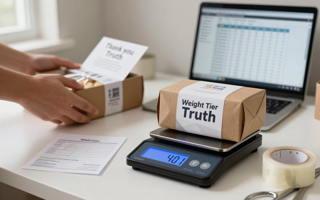A bakery parcel on a digital scale showing 4.01 oz with shipping label and packing supplies, illustrating weight tiers versus rounding.