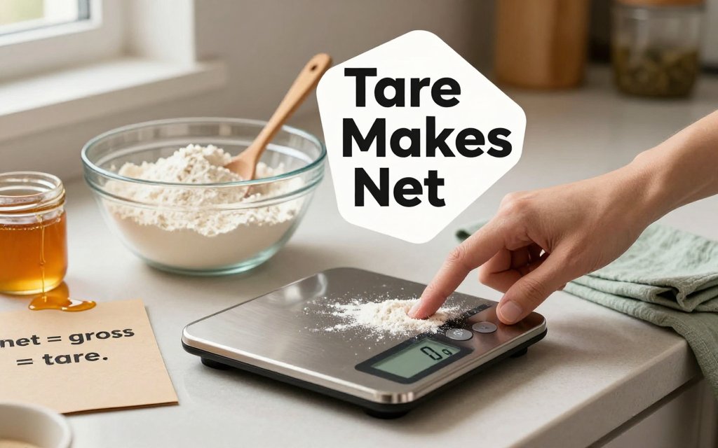 Hands pressing tare on a digital kitchen scale with a bowl of flour and honey jar nearby, illustrating net vs gross weight.
