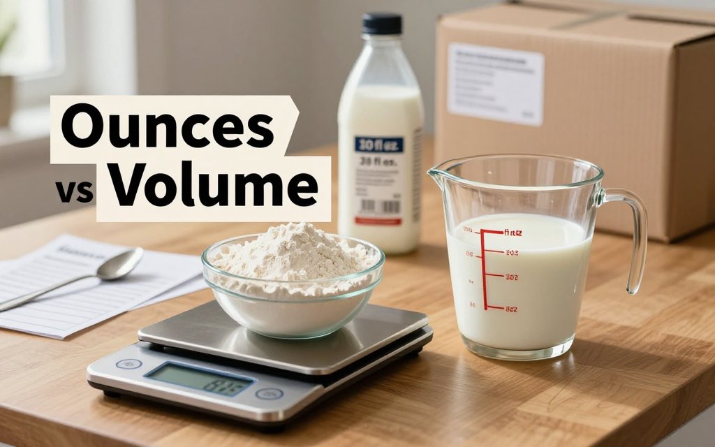 Kitchen counter scene showing a digital scale with flour labeled in ounces and a glass measuring cup with milk labeled in fluid ounces, highlighting the difference between weight and volume.