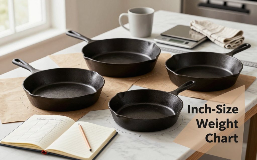 Flat lay of cast iron skillets in multiple inch sizes with notebook weight chart and measuring tools, featuring text overlay Inch-Size Weight Chart.