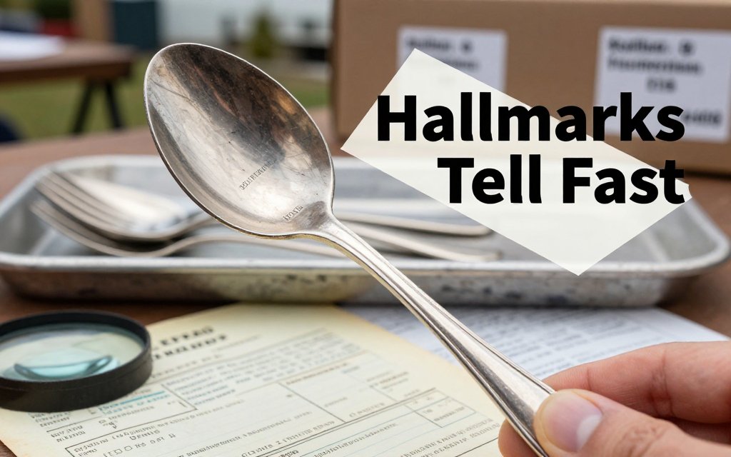 Macro photo of estate-sale silverware showing sterling 925 hallmark and EPNS plating stamp with magnifier and mixed flatware tray.