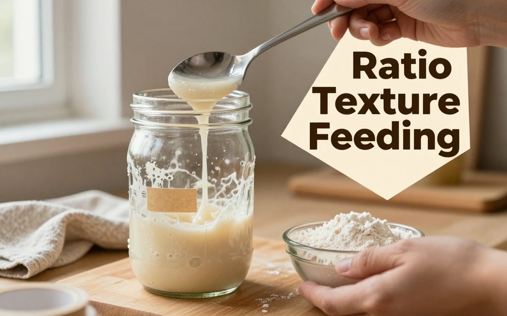 Hands feeding a sourdough starter in a glass jar using spoon amounts and texture cues, with a rubber band marking rise level on a kitchen table.