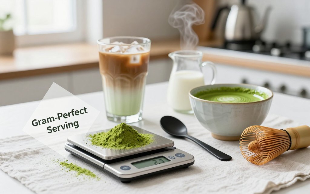 Kitchen table scene showing a digital scale measuring matcha grams next to matcha tools and a latte.