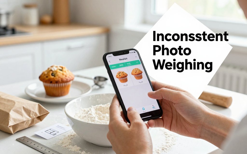 Kitchen table scene showing a phone scale app above flour and a muffin with references illustrating inconsistent estimates.