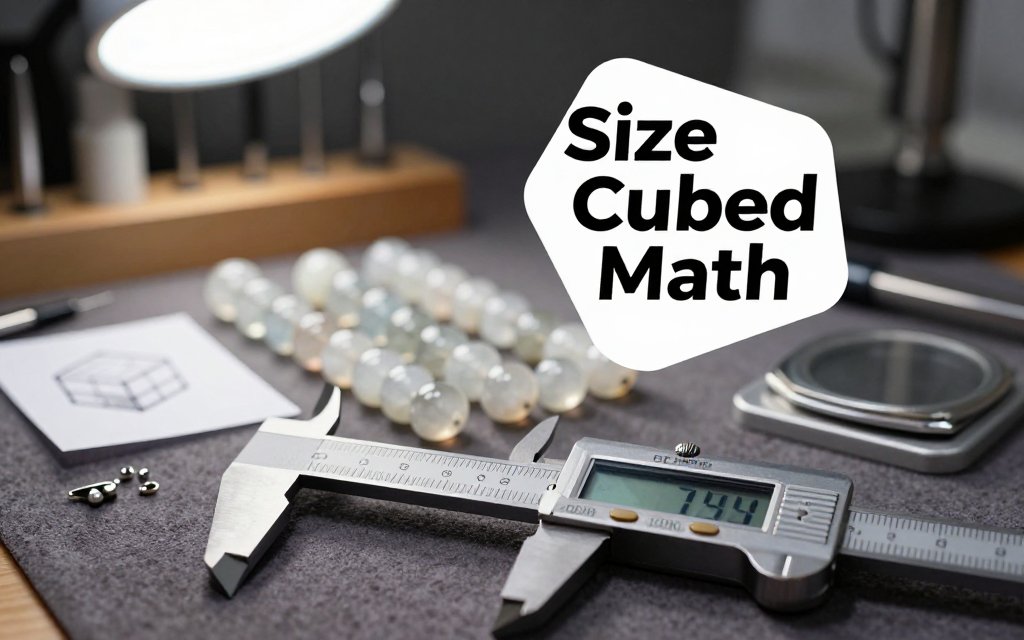 Macro photograph of gemstone beads being measured with calipers and weighed on a digital scale, showing different bead sizes and a cube-rule note.