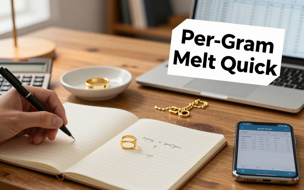 Home office desk scene showing hands calculating gold melt value per gram with ring, chain, calculator, and spot price on phone.