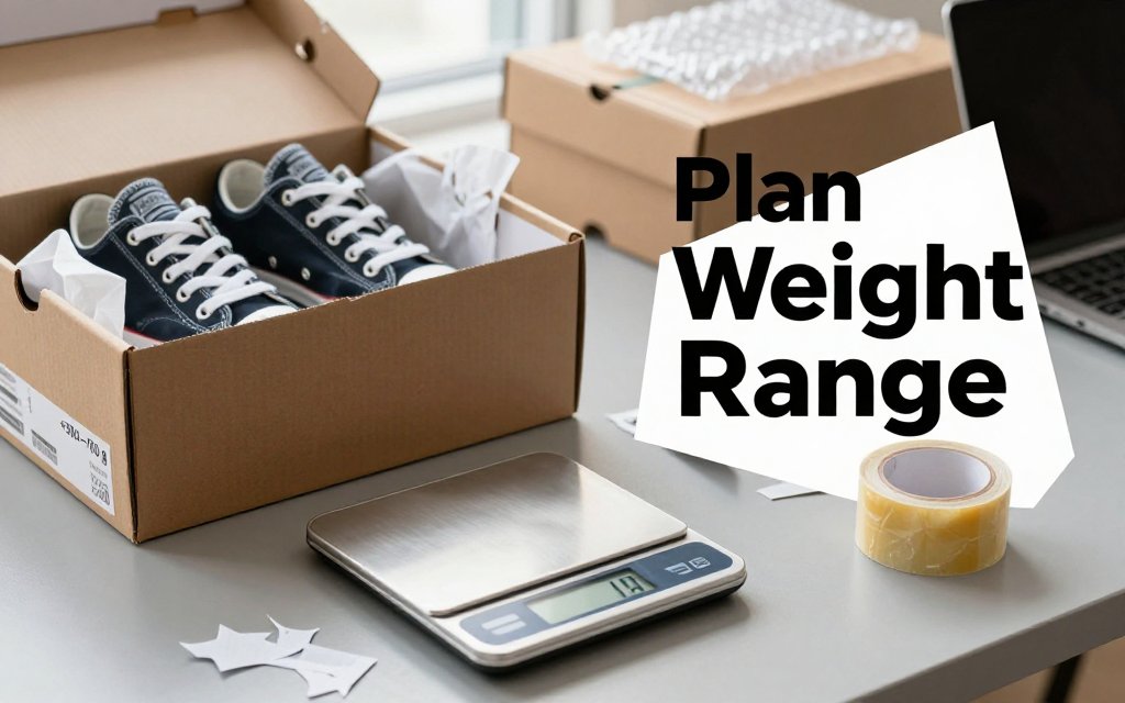 Shipping prep table with sneakers in a shoebox on a digital scale showing weight range guidance.
