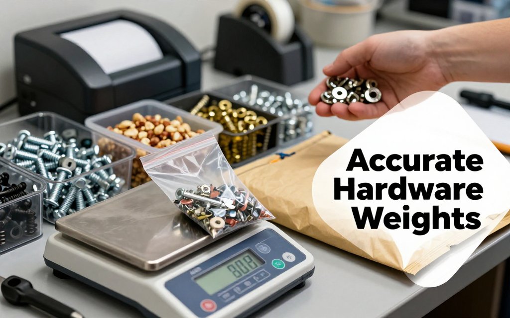 Macro documentary photo of a shipping station with a digital scale weighing a bag of mixed bolts, nuts, and washers, with bins of different metals and shipping tools in the background.