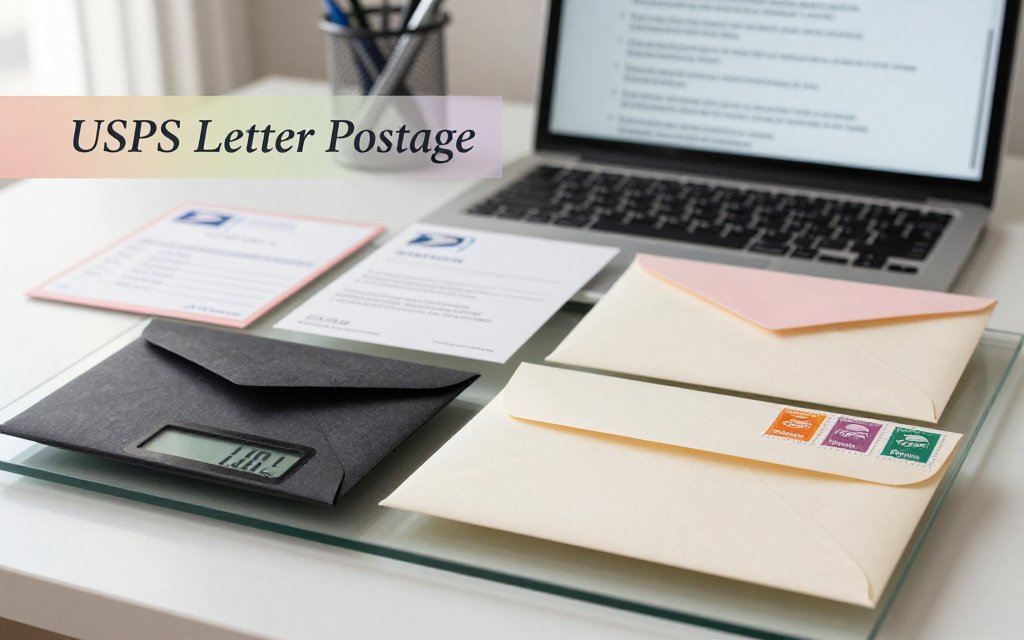Invitation suite on a digital scale with stamps and a laptop showing USPS letter mailing information.