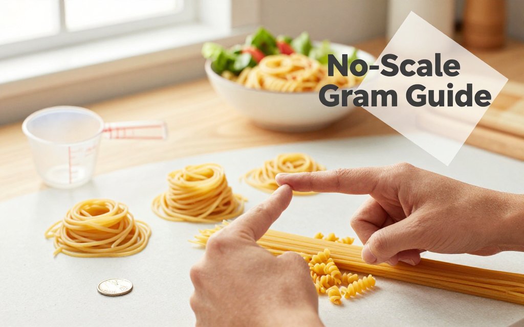 Hands measuring dry spaghetti with the hand-circle trick, with penne and fusilli portions and a quarter for scale, in a bright kitchen scene with text overlay.