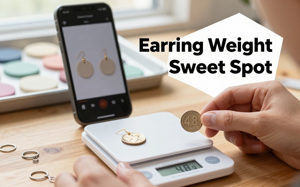 Hands in a craft room compare polymer clay earrings on a digital scale with a nickel and a phone app estimating weight, highlighting ideal grams per earring.