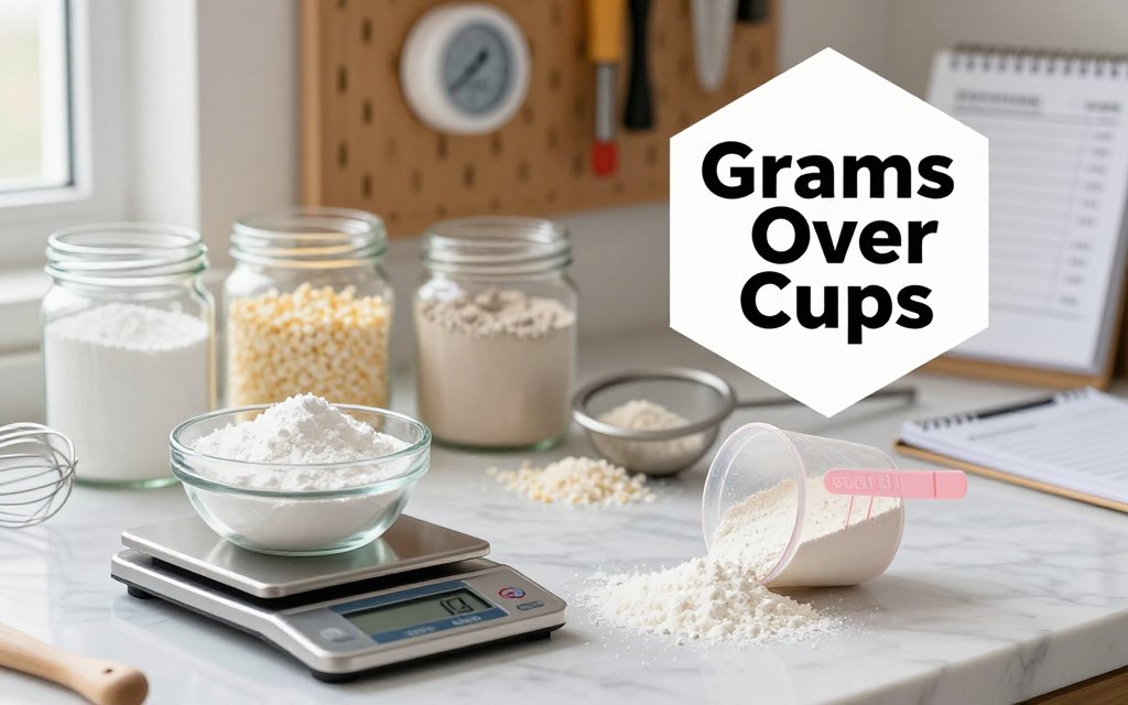 Craft-room photo of bath bomb ingredients showing a digital scale in grams next to a measuring cup, emphasizing grams over cups for consistent ratios.