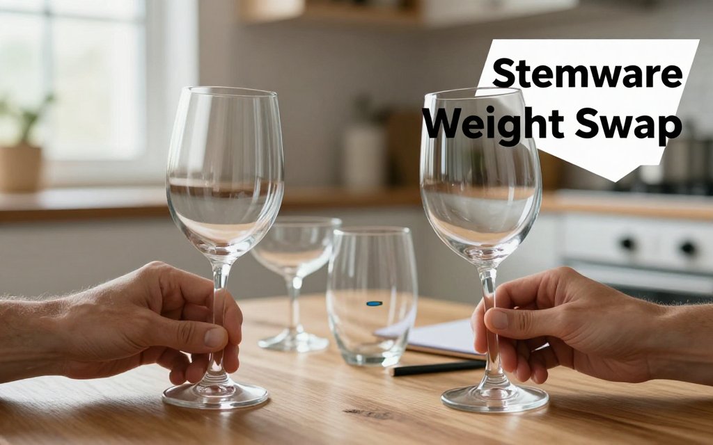 Hands compare two similar wine glasses for weight on a kitchen table with mixed stemware nearby.