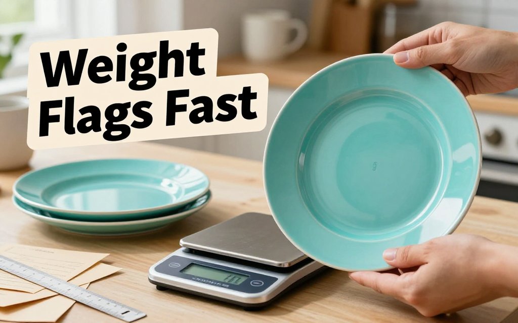 Hands compare the weight of a Fiestaware plate on a digital kitchen scale at a kitchen table, using grams as a quick screening step for vintage identification.