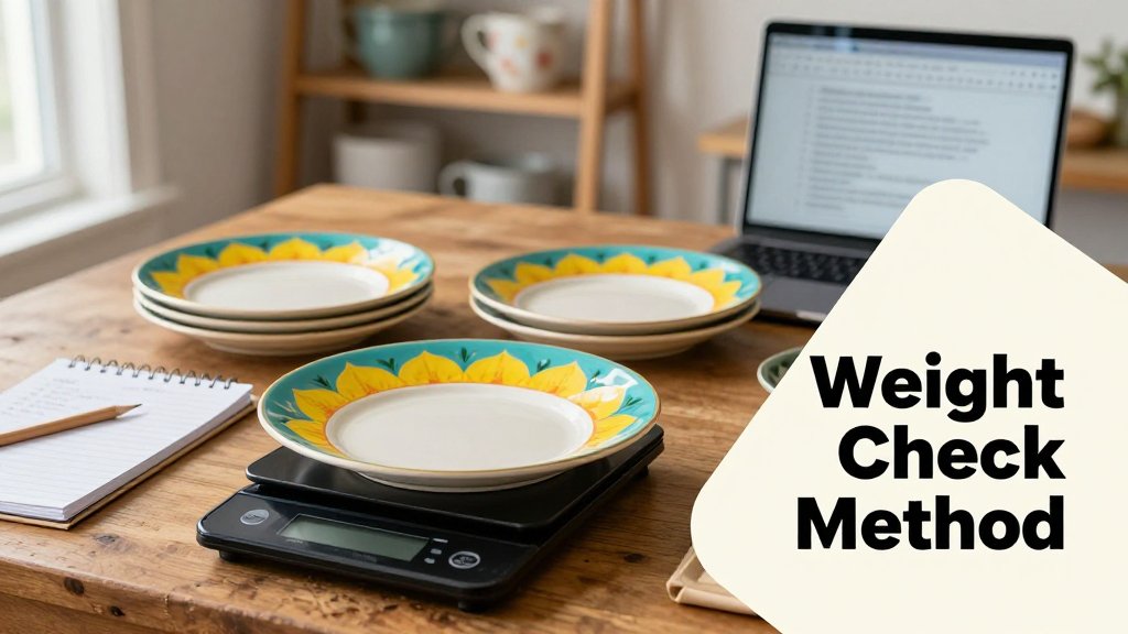 Hands weighing a Fiestaware plate on a digital scale with other plates for comparison and a backstamp visible, illustrating using weight checks to screen for vintage pieces.