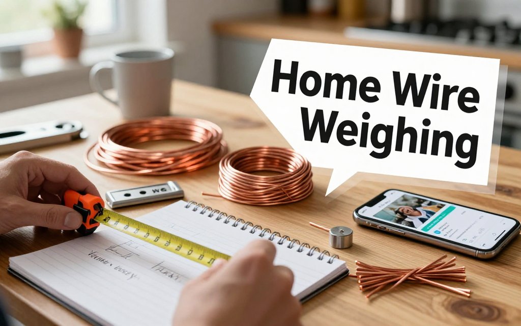 Hands measuring coiled scrap copper wire on a kitchen table with sorted piles by gauge, a notepad, AWG tool, and a smartphone for estimating weight.