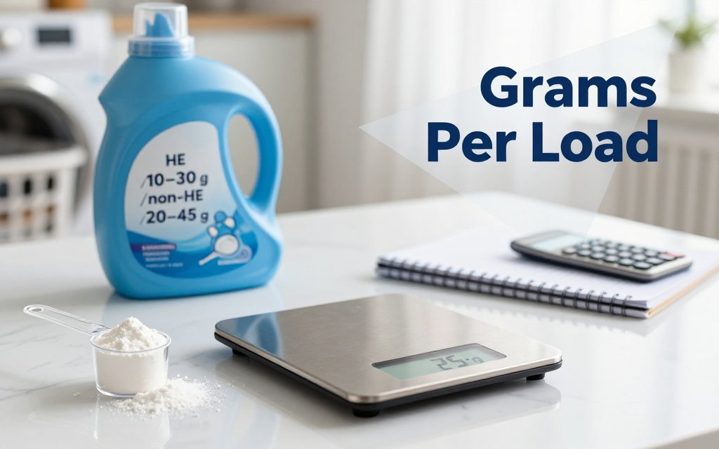 Kitchen table scene with a digital scale measuring 25 grams of laundry detergent, notes showing HE and non-HE dosage ranges, and a washer in the background.