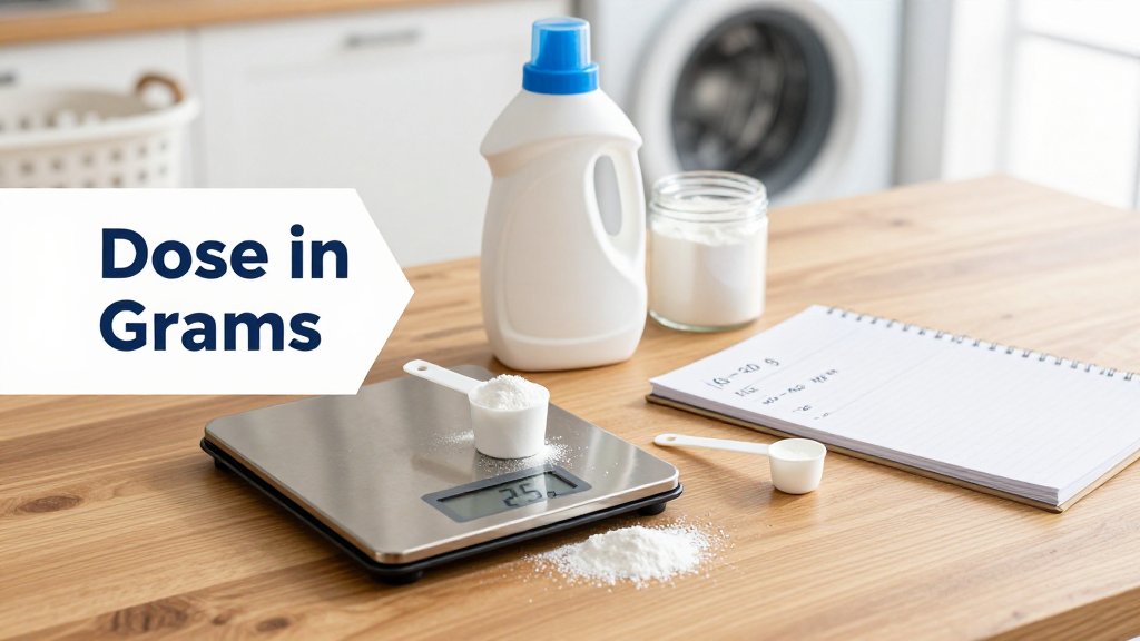 Kitchen table flat lay with a digital scale weighing laundry detergent in grams, conversion notes, and laundry items in the background.