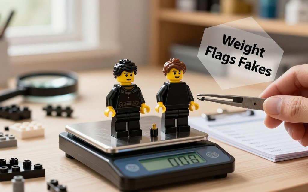 Two similar LEGO minifigures compared on a precise jewelry scale in a workshop, emphasizing weight as a counterfeit warning sign.