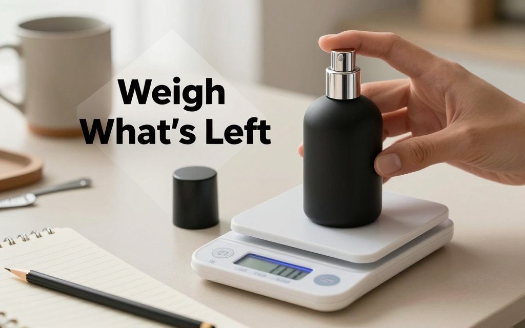 A hand weighs an opaque perfume bottle on a digital scale with a notebook showing subtraction to estimate remaining perfume; modern text overlay reads “Weigh What’s Left.”