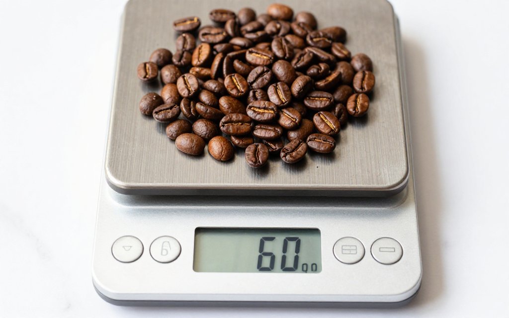 Whole coffee beans on a digital kitchen scale showing 60 grams, photographed from above on a white marble countertop