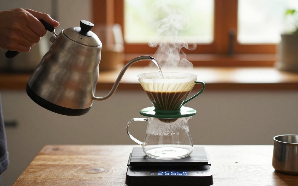 Gooseneck kettle pouring hot water over a pour-over coffee dripper on a kitchen scale displaying 250 grams of water