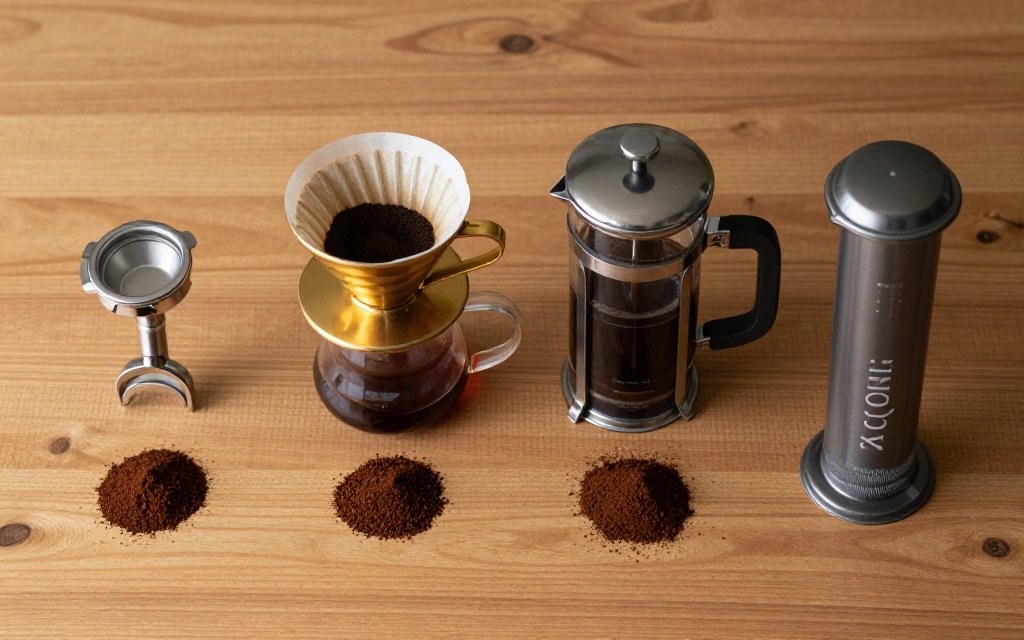 Four coffee brewing methods side by side on a wooden table each showing a gram-measured dose of ground coffee for espresso, pour-over, French press, and AeroPress