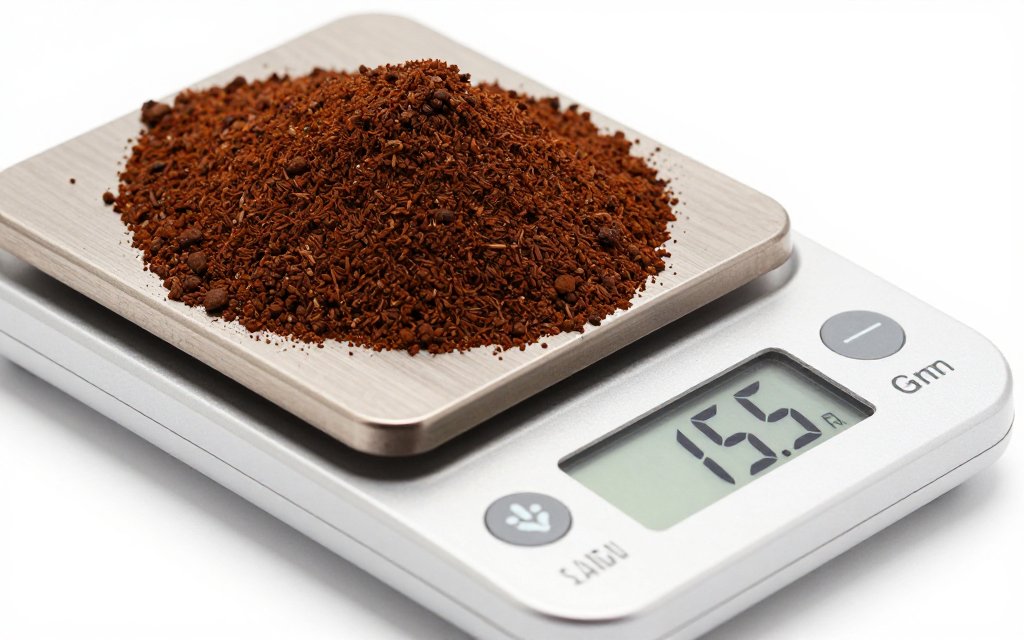 Precision kitchen scale showing 15.5 grams of ground coffee in macro photography on a white background