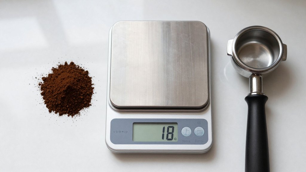 Digital kitchen scale showing 18 grams of ground coffee next to an espresso portafilter basket on a white marble counter