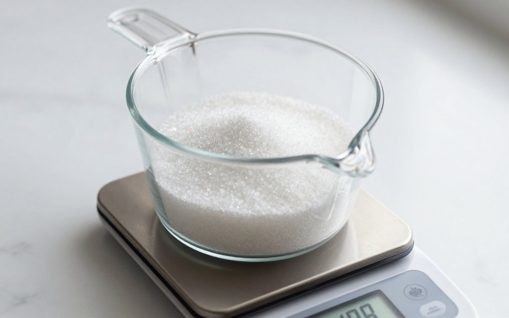 A measuring cup of granulated white sugar on a digital kitchen scale showing 198 grams
