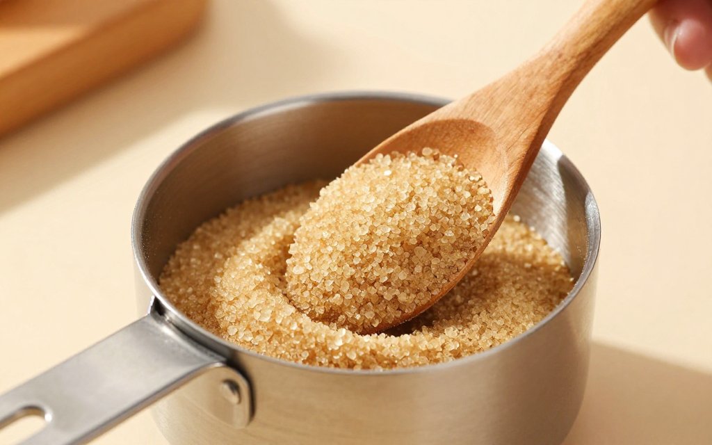 Brown sugar being packed firmly into a measuring cup with the back of a spoon